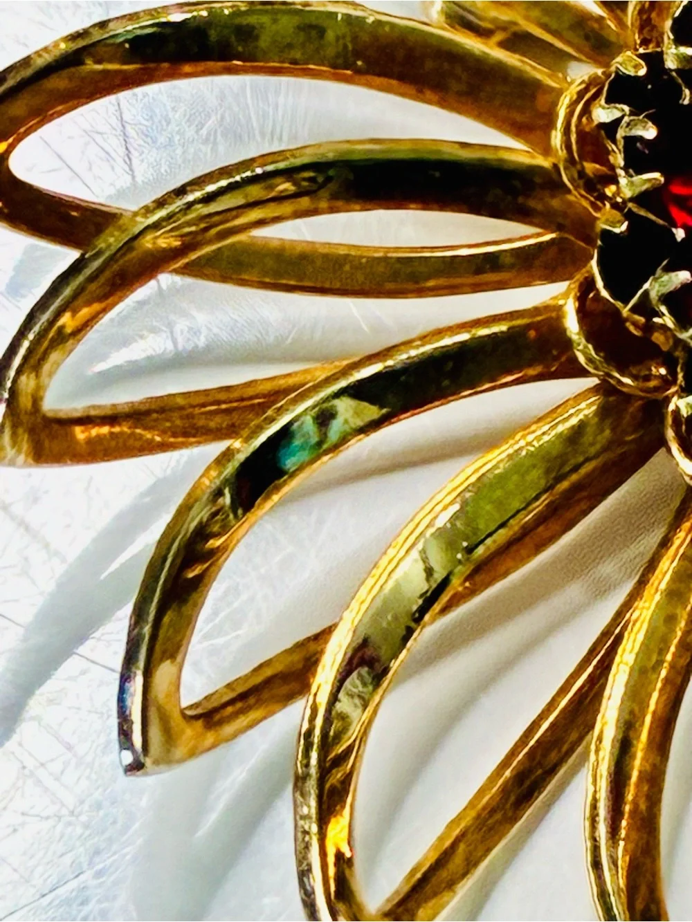 Sarah Coventry Gold-tone Sunburst Brooch with Deep Red Center